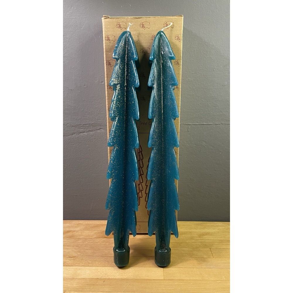 2 New In Box Ewe's View Spruce Tree Taper Candles Teal Turquoise Gold Glitter